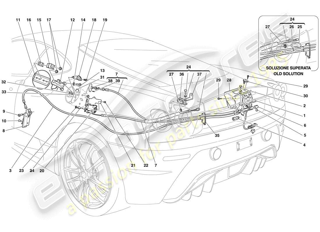 ferrari f430 scuderia (europe) engine compartment lid and fuel filler flap opening mechanisms part diagram