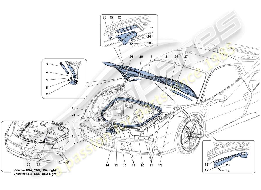 ferrari 488 spider (europe) front lid and opening mechanism parts diagram