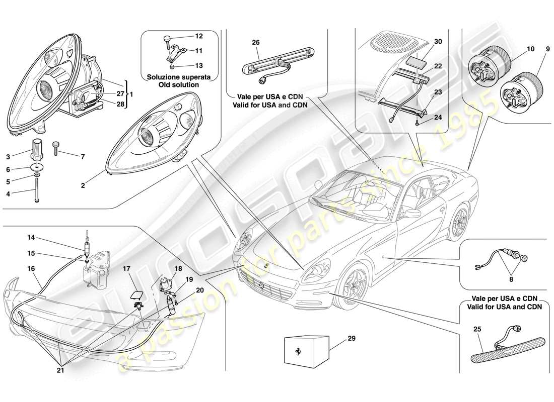 ferrari 612 scaglietti (usa) headlights and taillights parts diagram