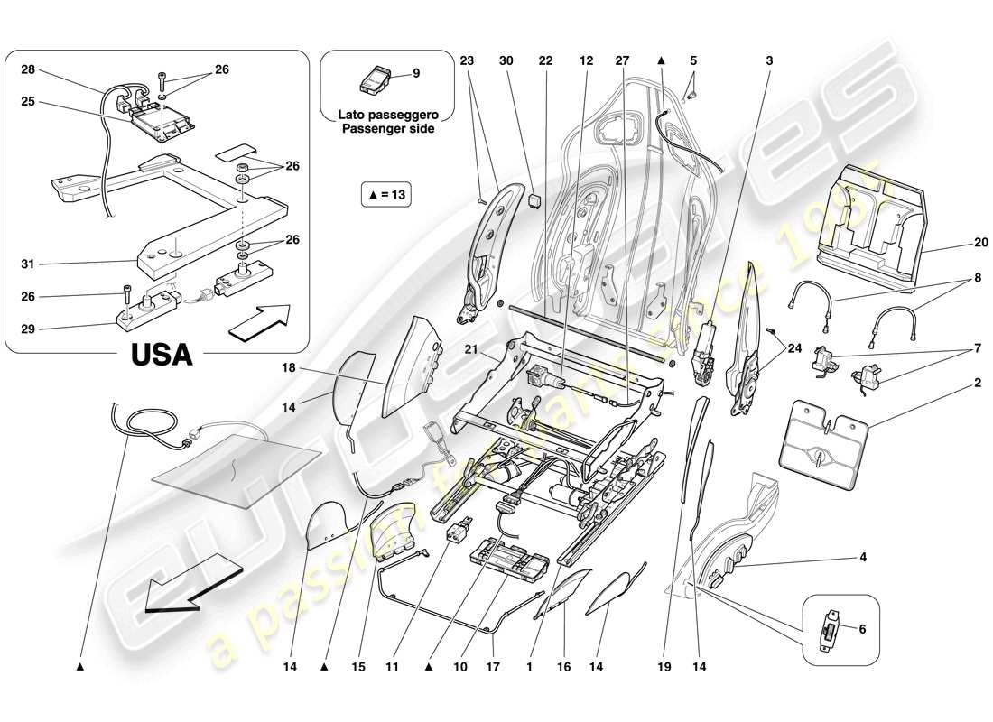 ferrari 599 gtb fiorano (rhd) front seat - guides and adjustment mechanisms parts diagram
