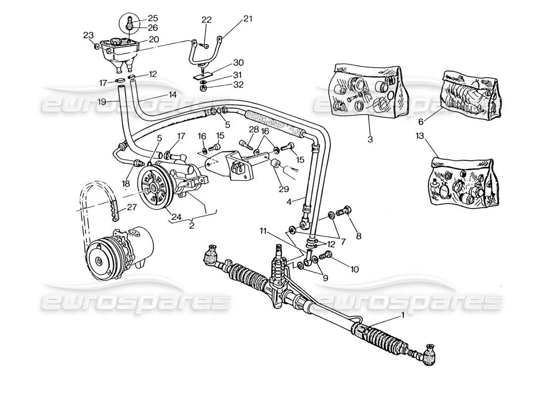 maserati 222 / 222e biturbo power steering system (rh steering) parts diagram