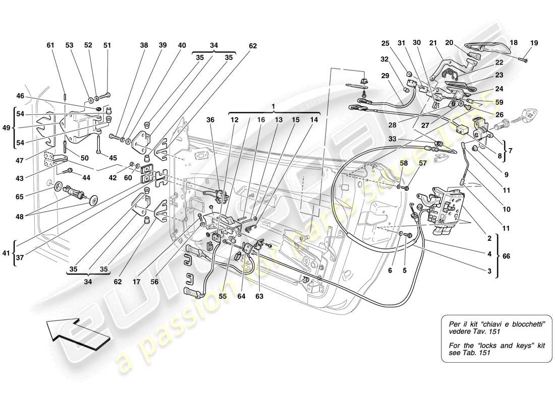 ferrari f430 spider (europe) doors - opening mechanism and hinges parts diagram