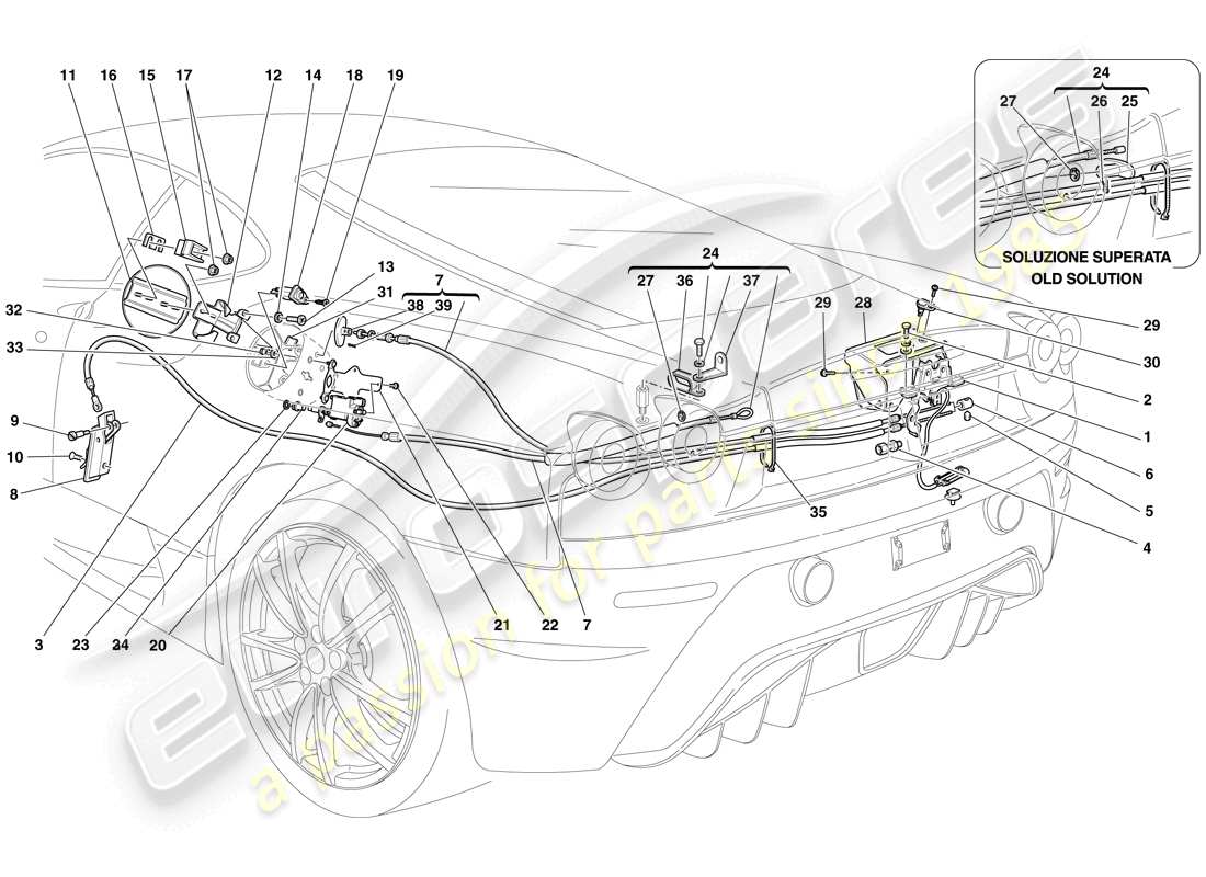 ferrari f430 scuderia (rhd) engine compartment lid and fuel filler flap opening mechanisms parts diagram