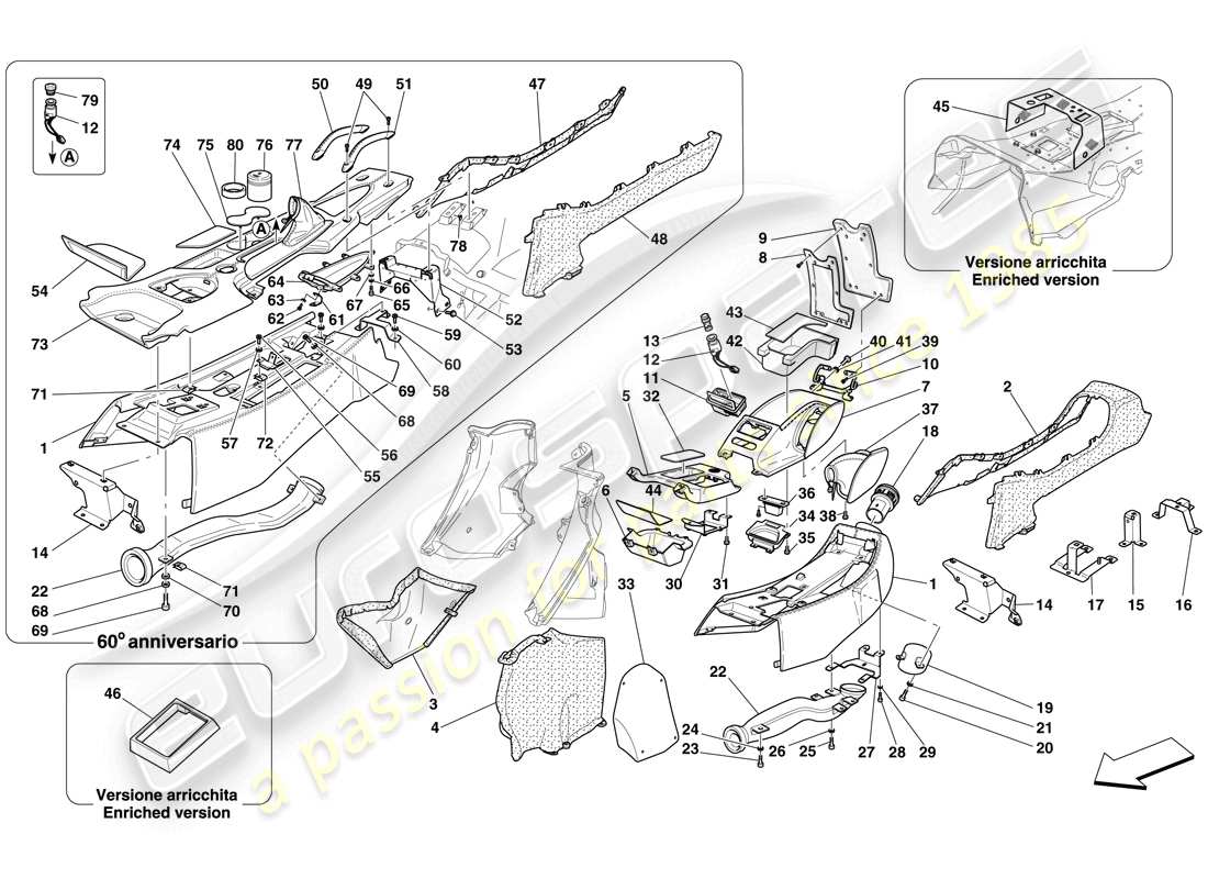 ferrari 612 scaglietti (rhd) tunnel - substructure and accessories parts diagram