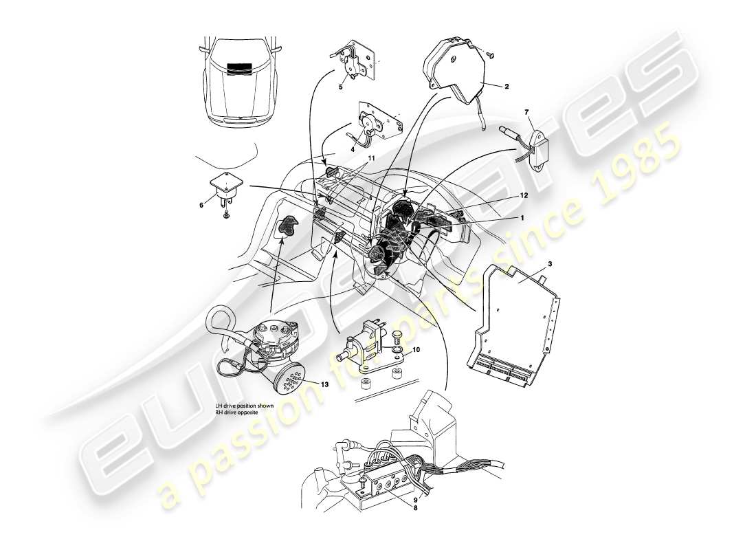 aston martin v8 volante (1999) sensors, switches, solenoids, motors etc part diagram