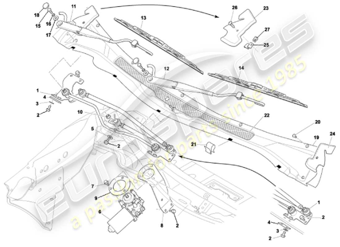 aston martin vanquish (2001) windscreen wipers part diagram