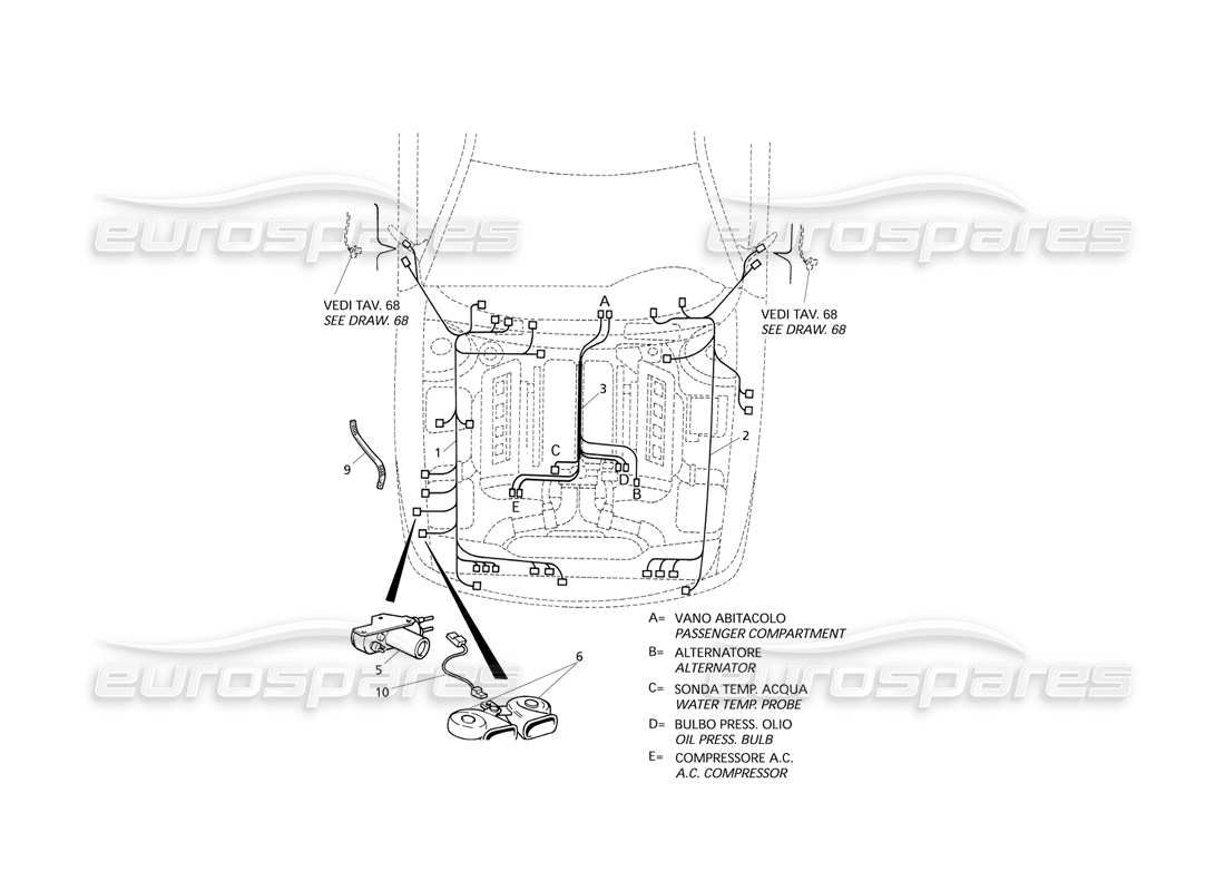 maserati qtp v8 evoluzione electrical system: engine compartment (rh drive) parts diagram