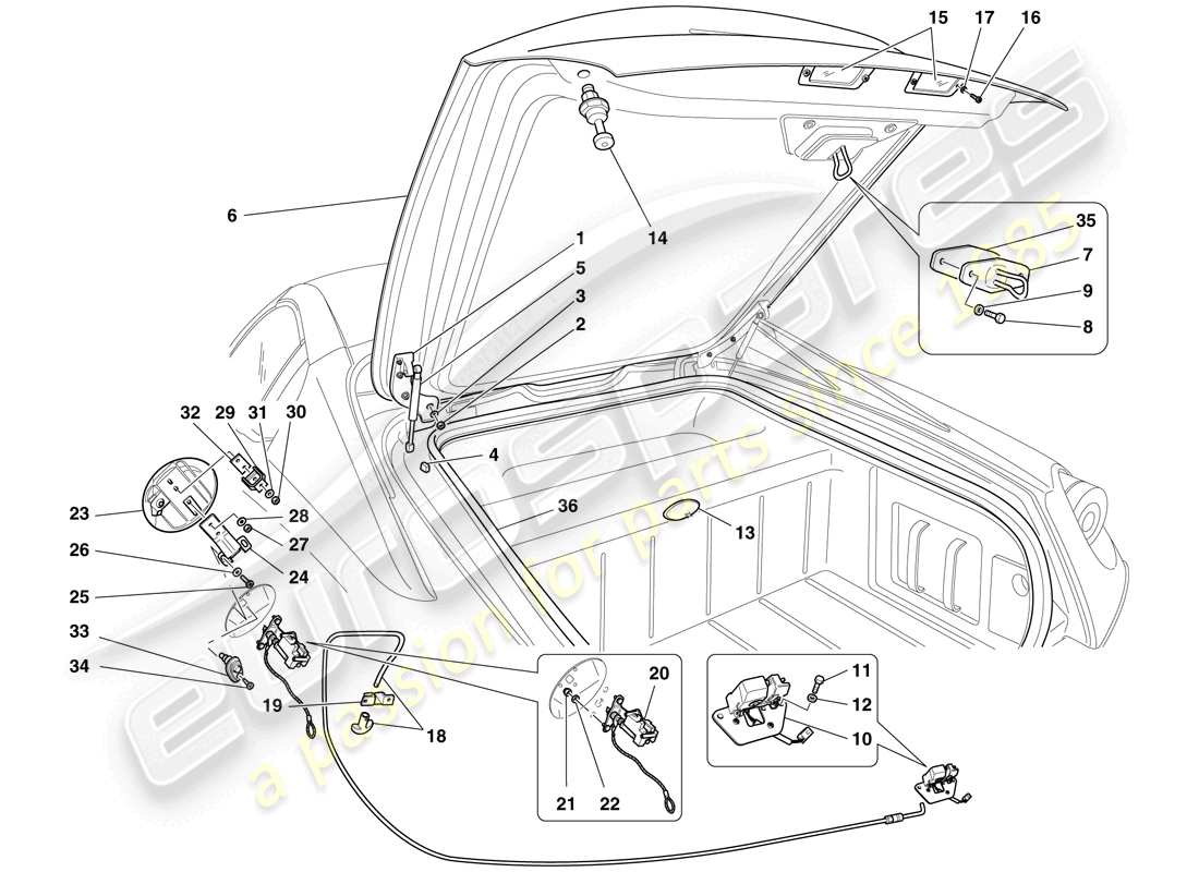 ferrari 599 sa aperta (europe) luggage compartment lid and fuel filler flap parts diagram