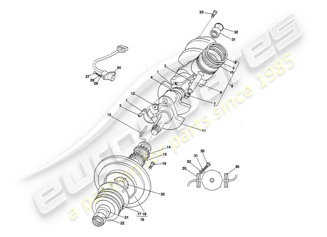 aston martin v8 volante (2000) crankshaft, pistons & rods part diagram