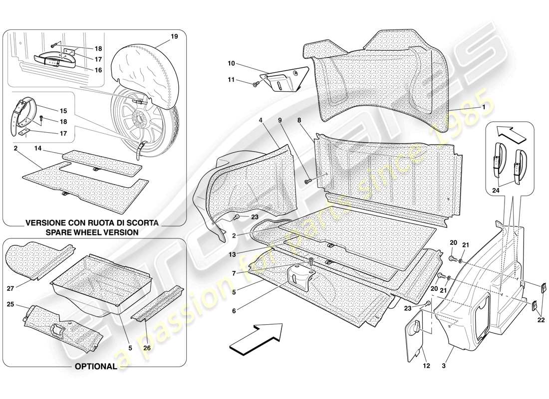 ferrari 599 gtb fiorano (usa) luggage compartment trim parts diagram