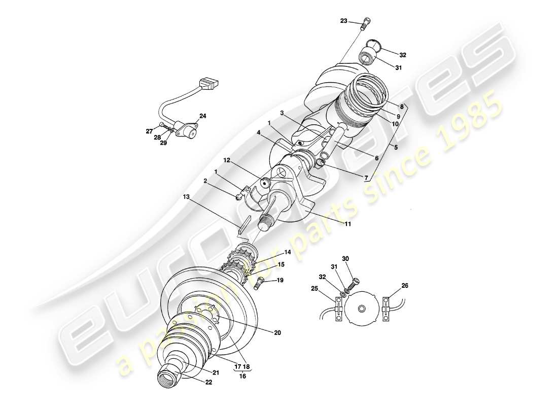 aston martin v8 volante (1999) crankshaft, pistons & rods part diagram