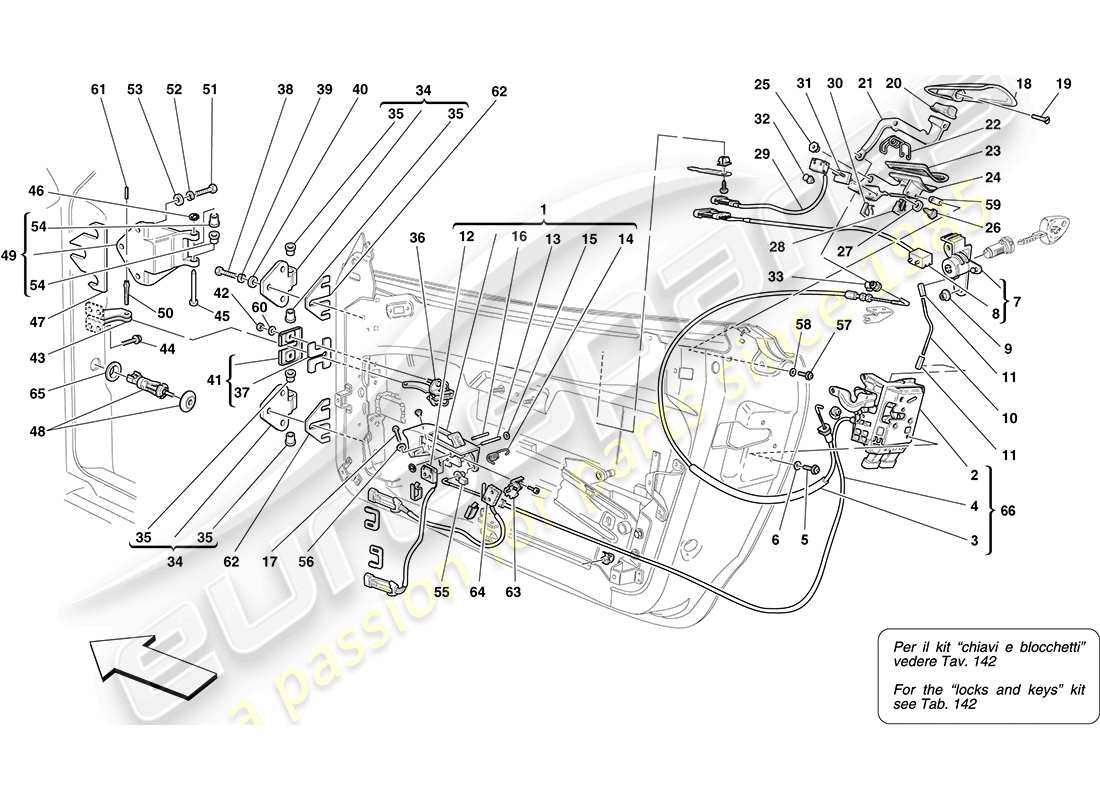 ferrari f430 coupe (usa) doors - opening mechanism and hinges parts diagram