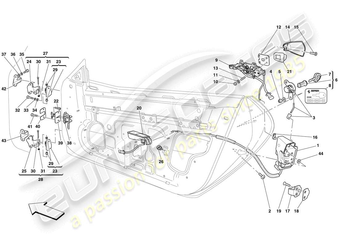 ferrari 599 gtb fiorano (rhd) doors - opening mechanism and hinges parts diagram