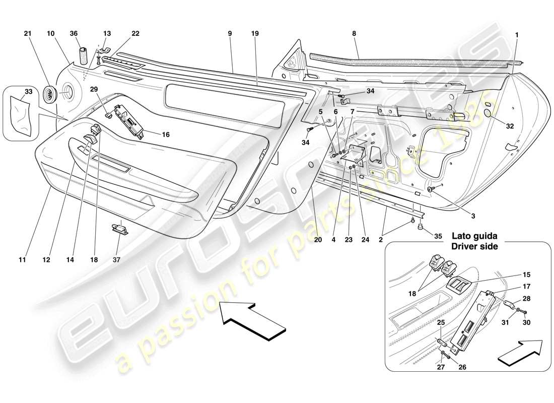 ferrari 599 sa aperta (rhd) doors - substructure and trim part diagram