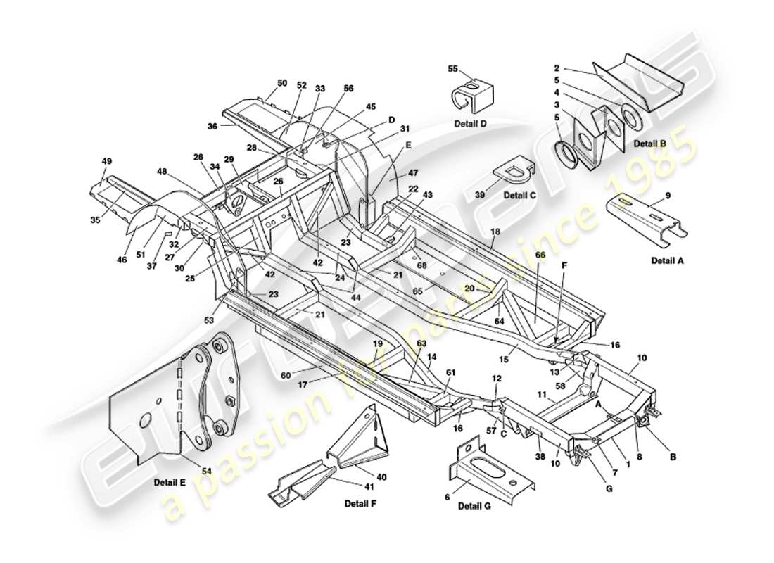 aston martin v8 volante (2000) chassis frame part diagram