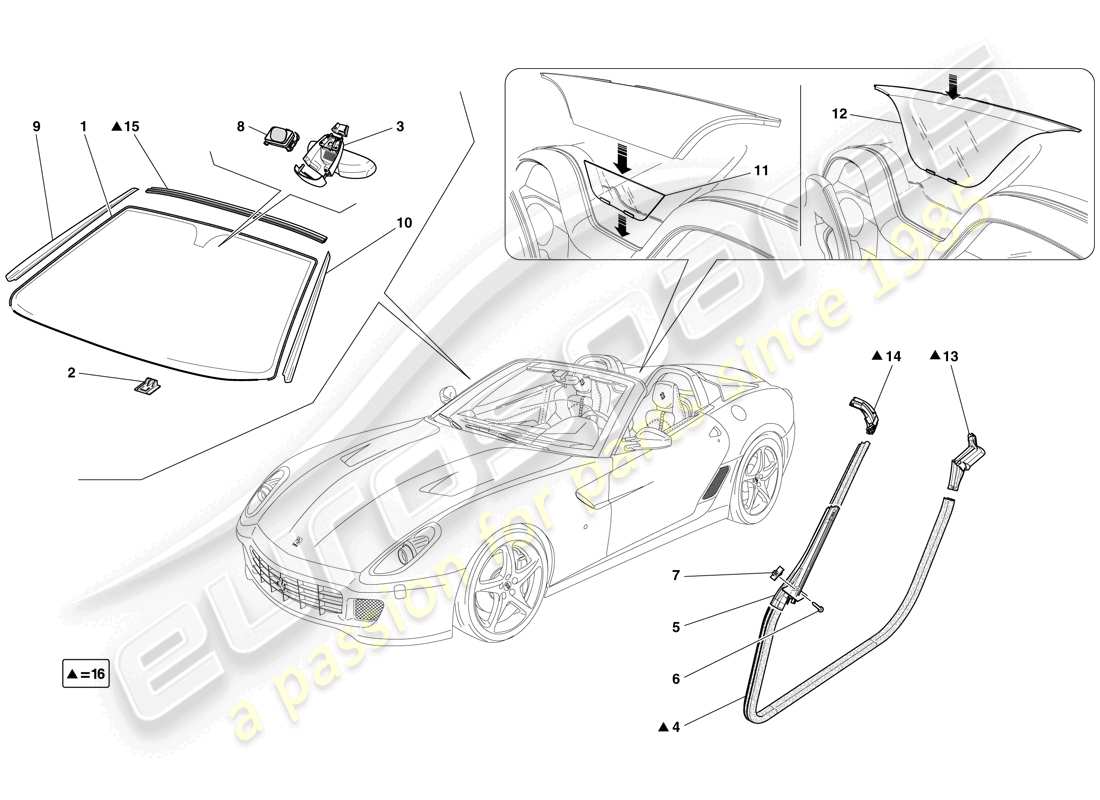 ferrari 599 sa aperta (rhd) screens, windows and seals part diagram