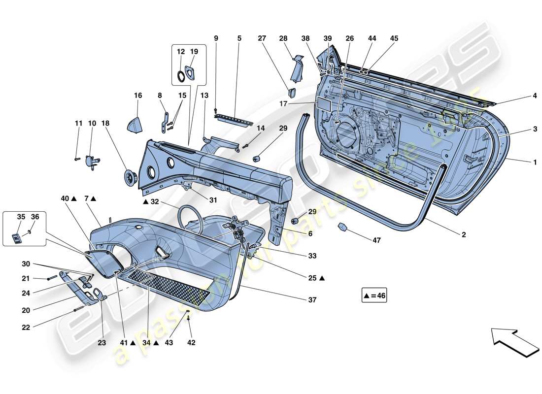 ferrari f12 tdf (rhd) doors - substructure and trim parts diagram