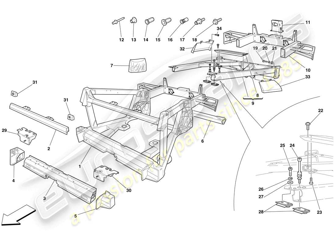 ferrari f430 scuderia (rhd) chassis - structure, rear elements and panels parts diagram