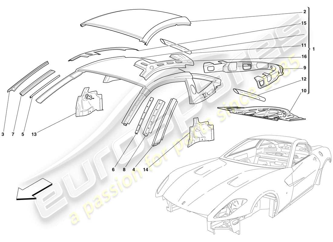 ferrari 599 gtb fiorano (usa) bodyshell - roof parts diagram