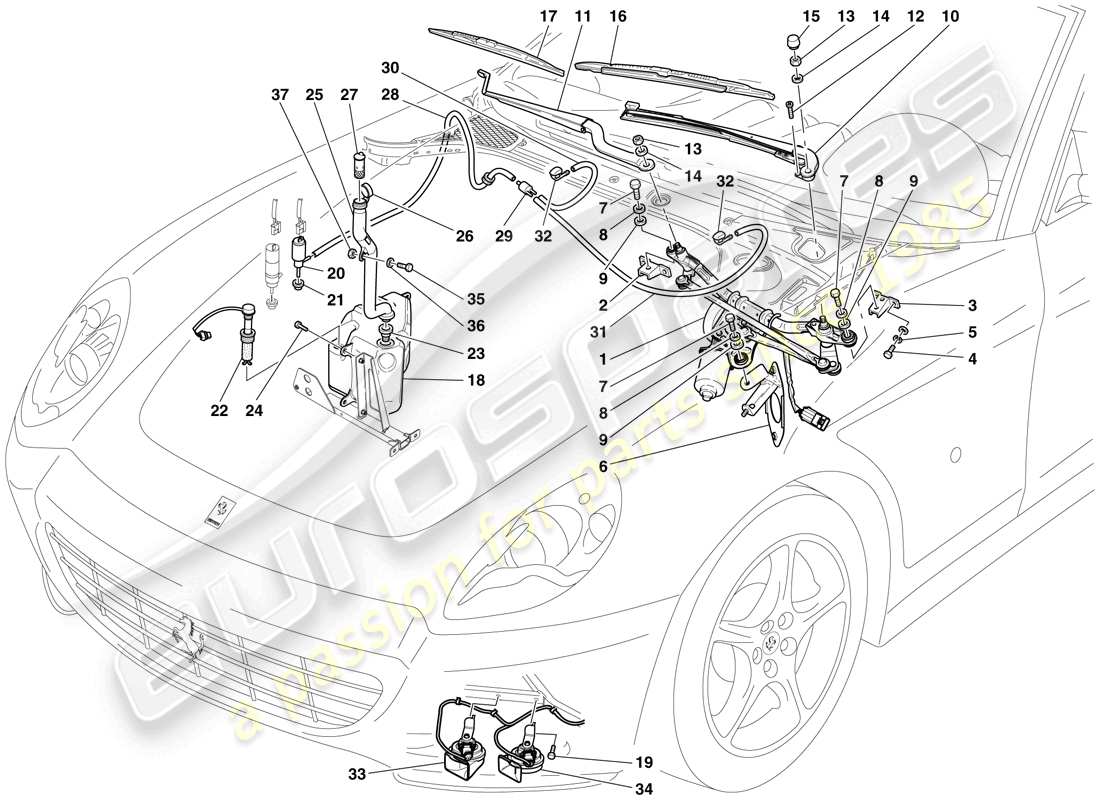 ferrari 612 scaglietti (europe) windscreen wiper, windscreen washer and horns parts diagram