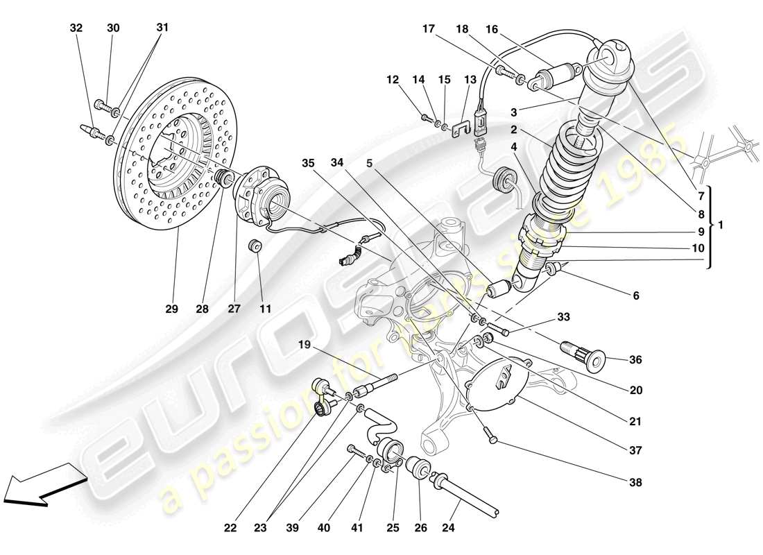 ferrari f430 scuderia (rhd) front suspension - shock absorber and brake disc parts diagram