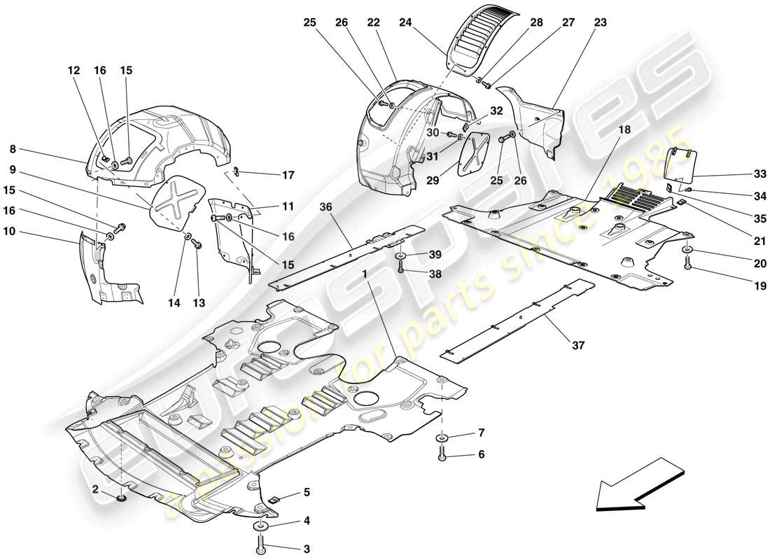 ferrari 599 sa aperta (rhd) flat undertray and wheelhouses part diagram