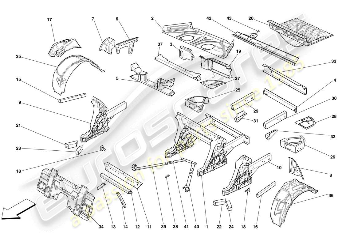 ferrari 599 sa aperta (rhd) structures and elements, rear of vehicle part diagram