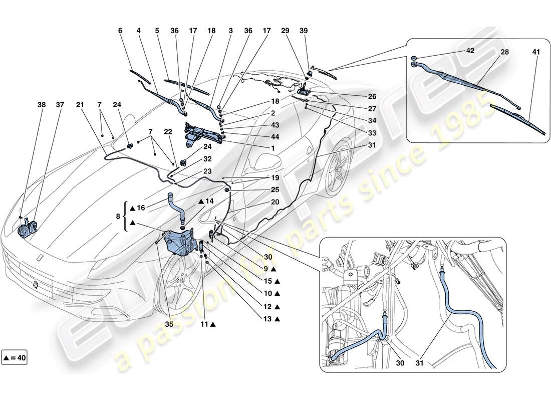 ferrari ff (rhd) windscreen wiper, windscreen washer and horns parts diagram