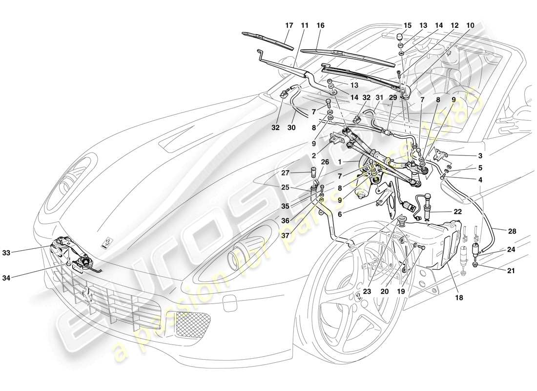 ferrari 599 sa aperta (rhd) windscreen wiper, windscreen washer and horns part diagram