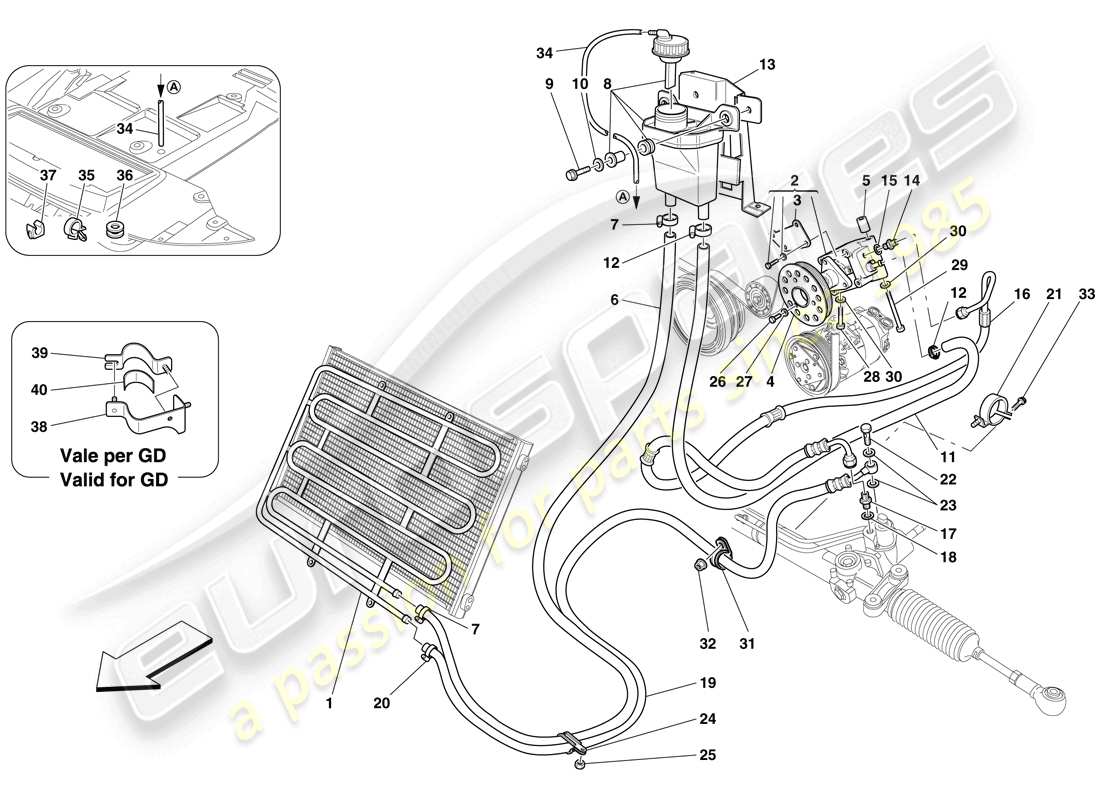 ferrari 599 sa aperta (rhd) hydraulic fluid reservoir, pump and coil for power steering system part diagram