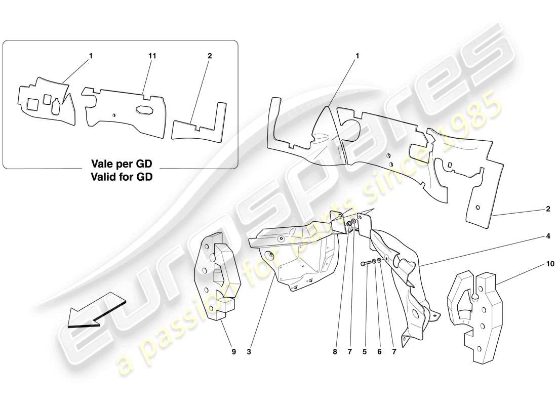 ferrari 599 gtb fiorano (europe) engine compartment firewall insulation parts diagram
