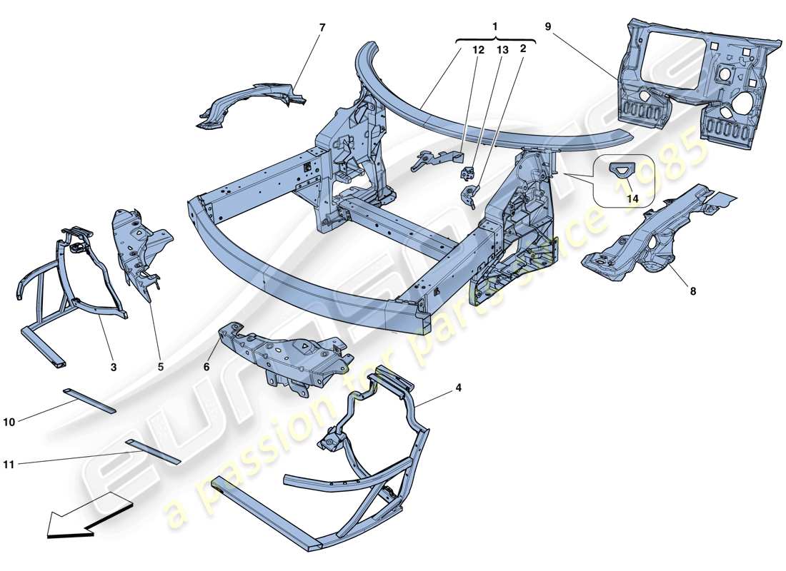 ferrari 458 spider (usa) chassis - complete front structure and panels parts diagram