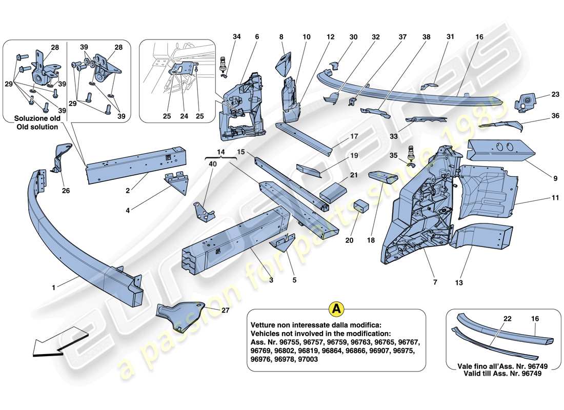 ferrari 458 italia (europe) chassis - structure, front elements and panels part diagram
