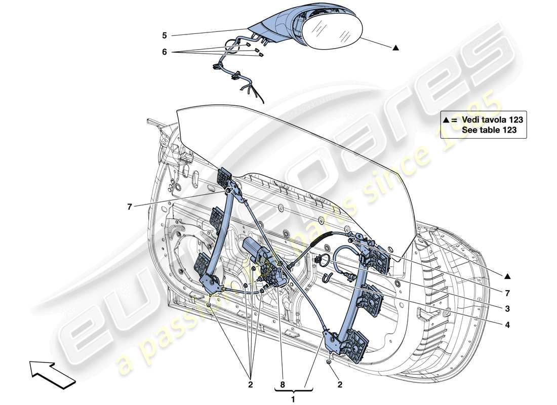 ferrari california t (usa) doors - power window and rear view mirror parts diagram