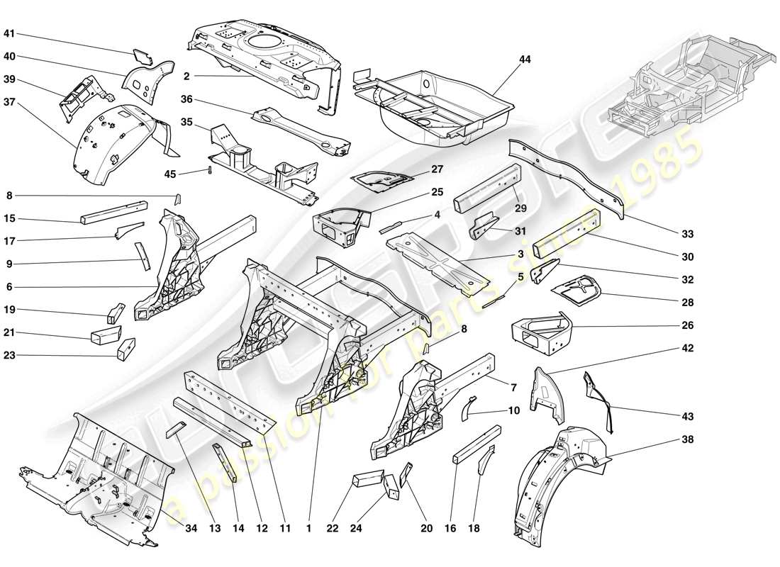 ferrari 612 scaglietti (rhd) structures and elements, rear of vehicle parts diagram