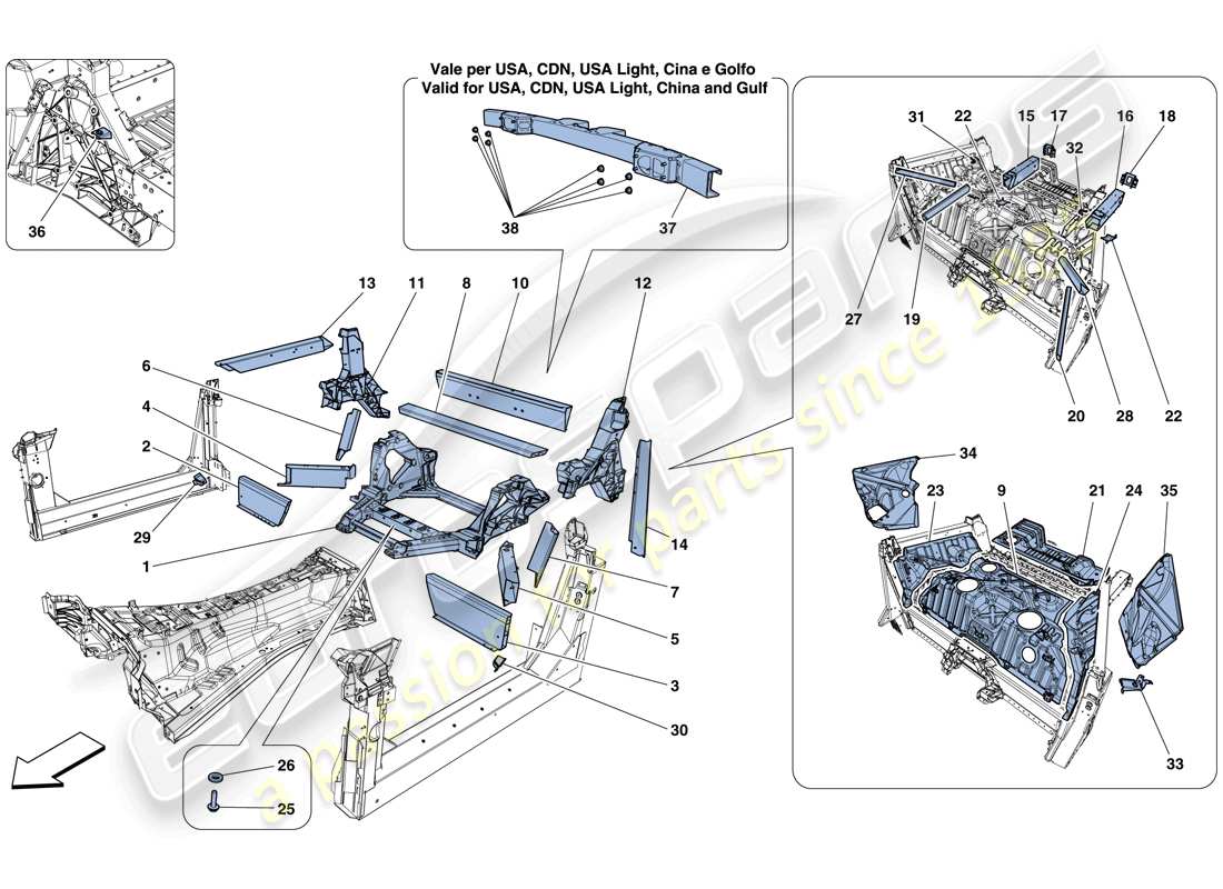 ferrari f12 tdf (rhd) structures and elements, rear of vehicle parts diagram
