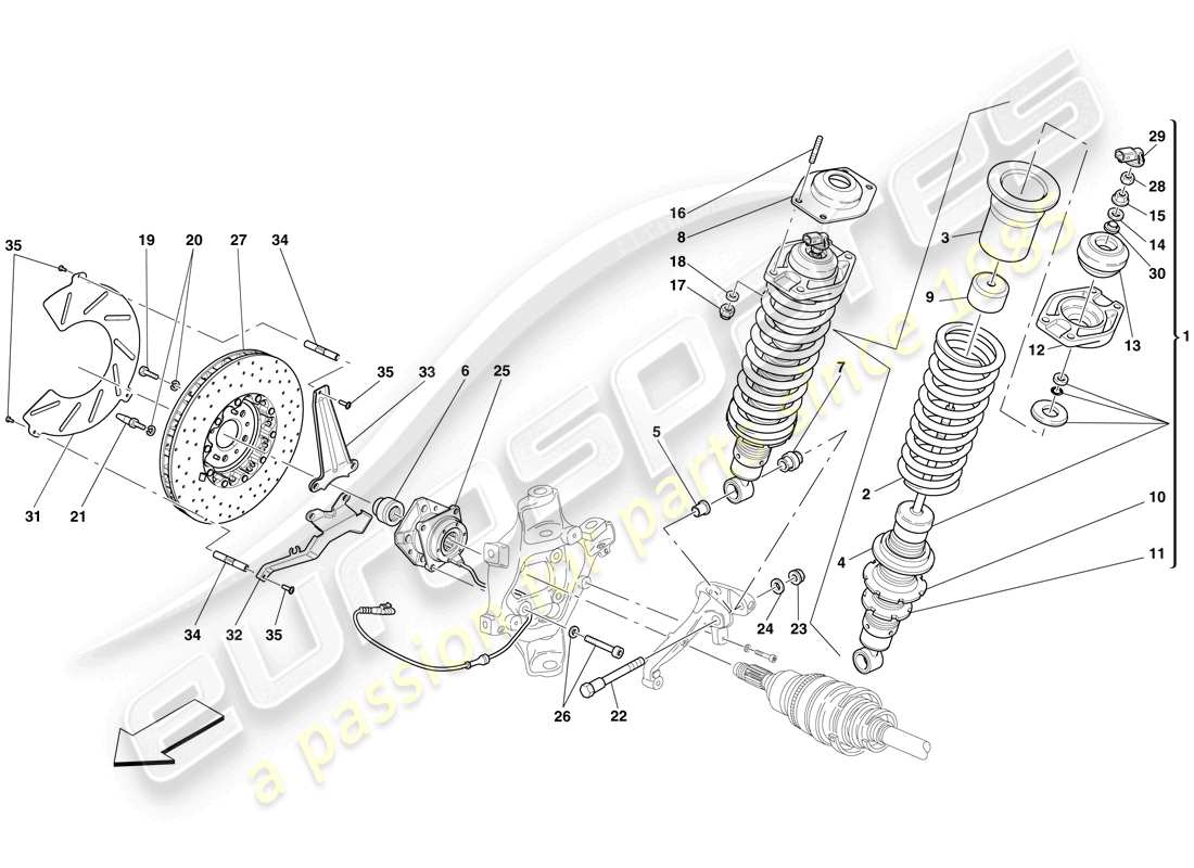 ferrari 599 gto (usa) rear suspension - shock absorber and brake disc parts diagram