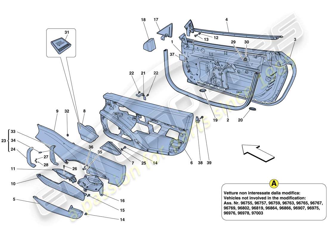 ferrari 458 italia (rhd) doors - substructure and trim part diagram