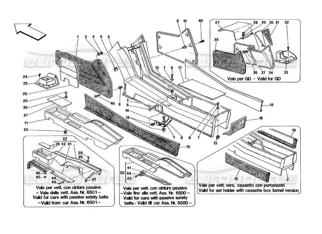 ferrari 348 (1993) tb / ts tunnel - framework and trims parts diagram