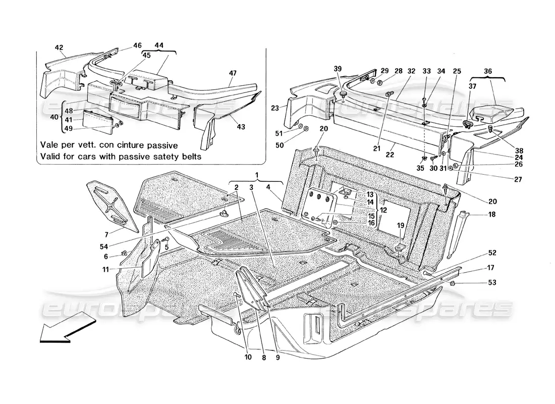 ferrari 348 (1993) tb / ts passengers compartment carpets parts diagram