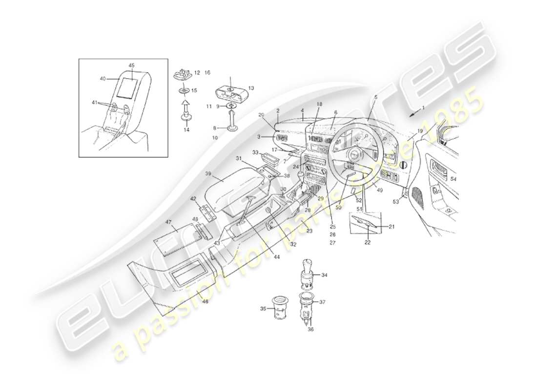 aston martin v8 virage (1999) interior fittings, saloon part diagram
