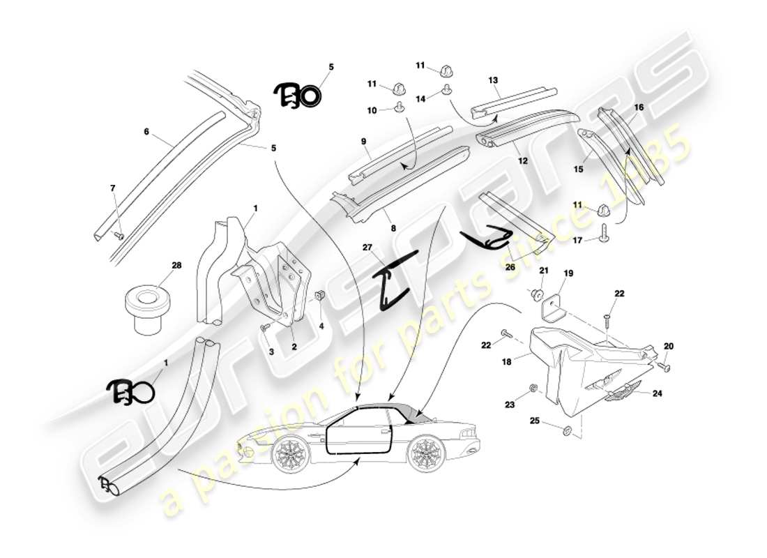 aston martin db7 vantage (2002) volante door & roof seals part diagram