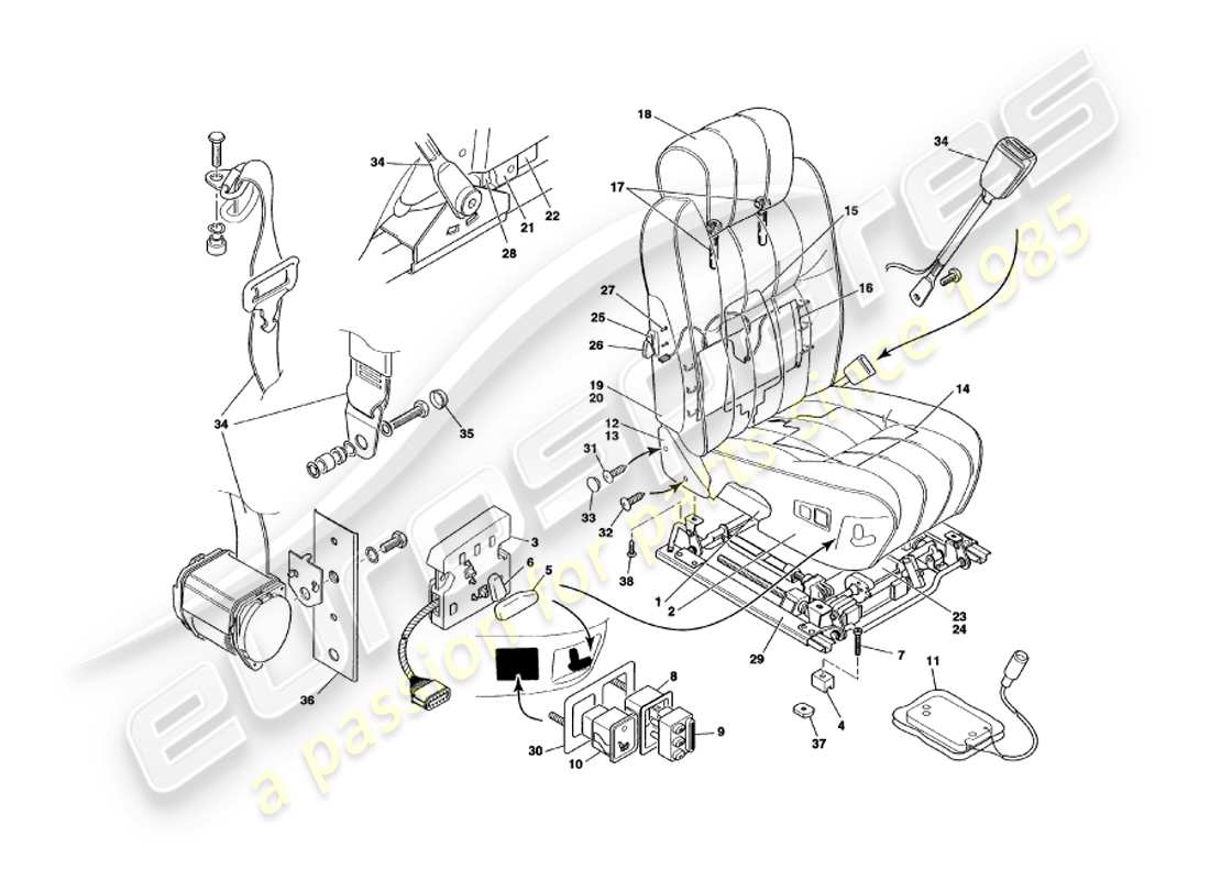 aston martin v8 volante (1998) front seats & belts part diagram
