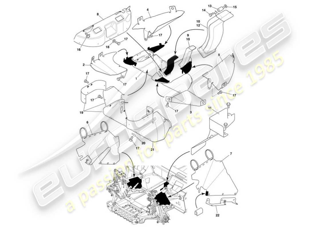 aston martin vanquish (2001) heat deflectors & shields part diagram