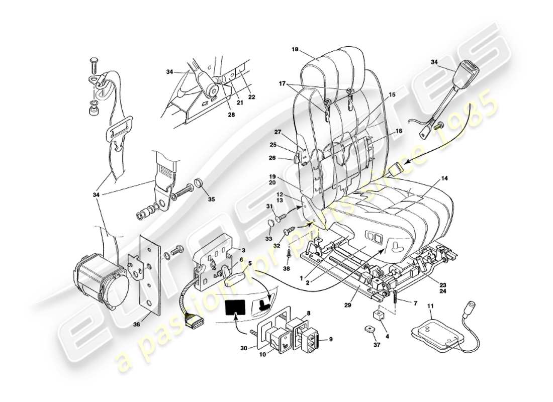 aston martin v8 volante (2000) front seats & belts part diagram