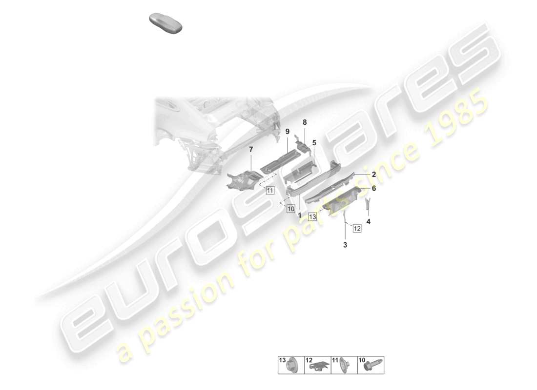 porsche 2021 (992-1) bumper carrier rear and heat shield sport design package part diagram