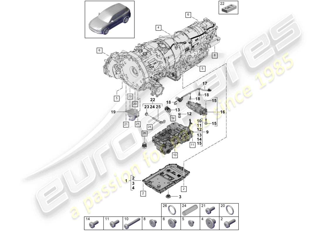 porsche 2021 (cayenne e3 9ya/9yb) 8-speed automatic gearbox for vehicles with hybrid drive mechatronic with software oil pump gear oil cooler transmission oil sump part diagram