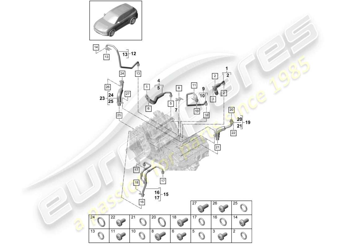 porsche 2021 (cayenne e3 9ya/9yb) coolant cooling system for turbocharger oil pressure line for engine oil cooling part diagram