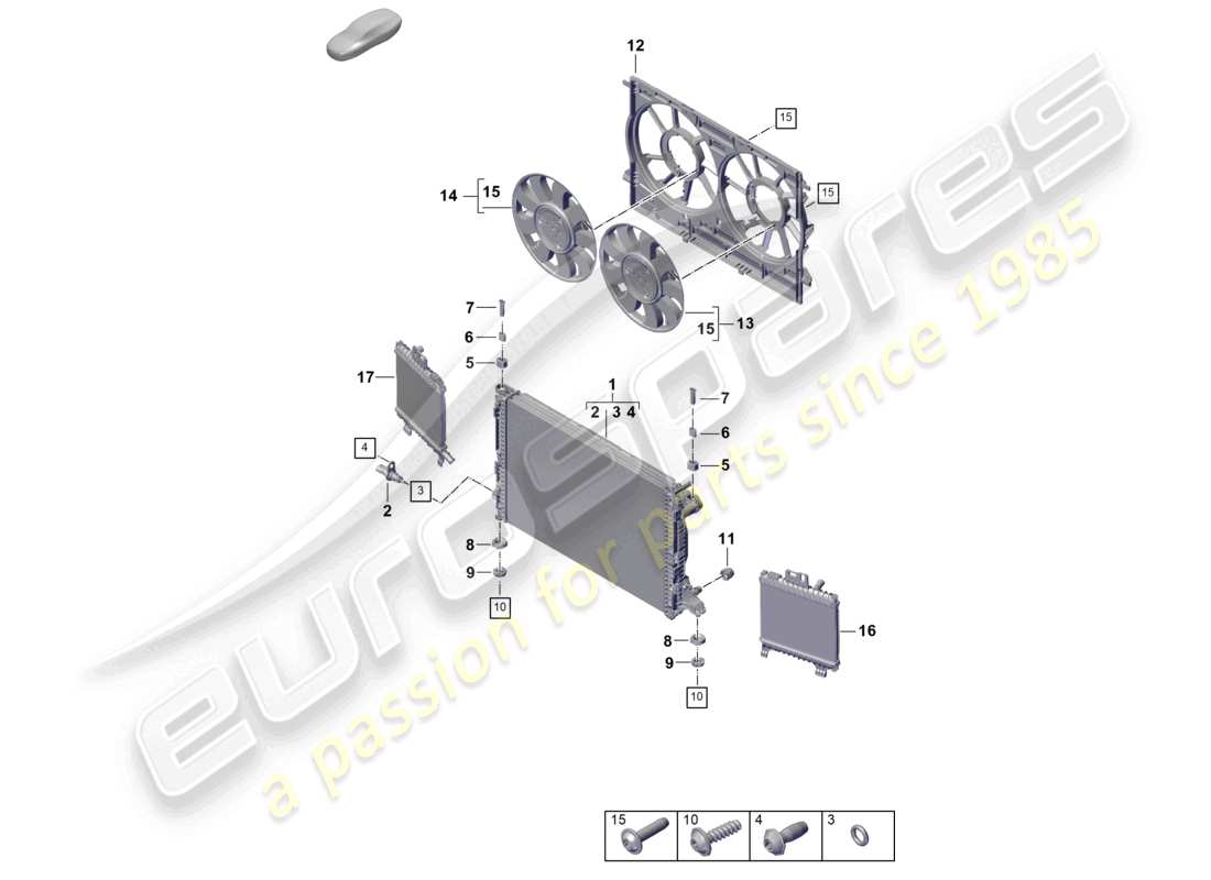 porsche 2025 (cayenne e3 pa) coolant cooling system cooler for coolant radiator cowl part diagram