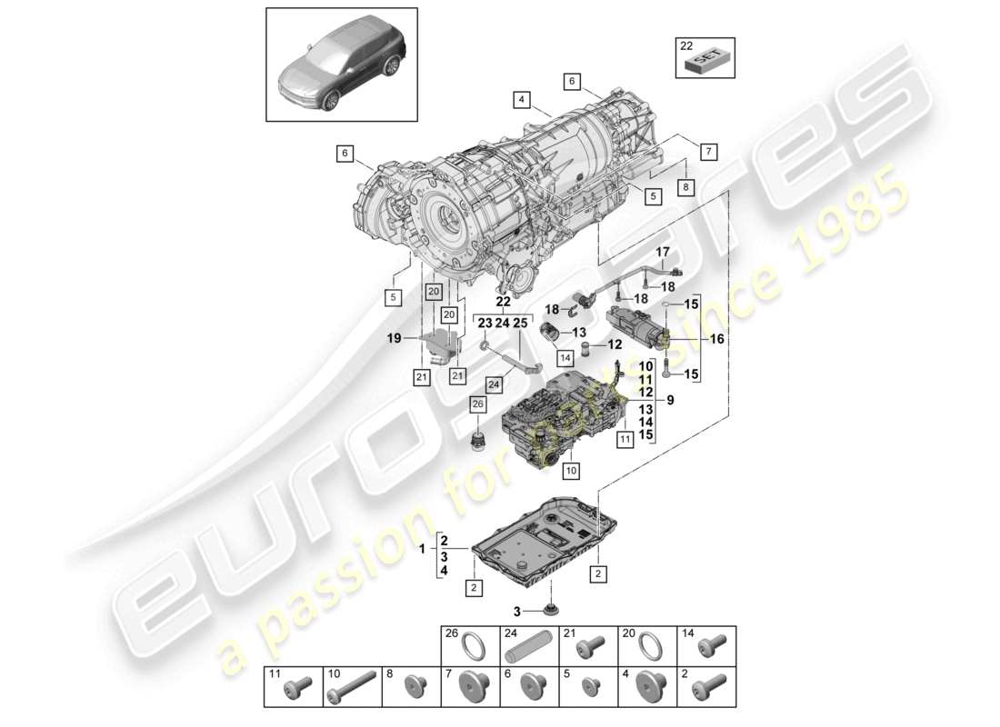 porsche 2021 (cayenne e3 9ya/9yb) 8-speed automatic gearbox for four-wheel drive mechatronic with software oil pump gear oil cooler transmission oil sump part diagram